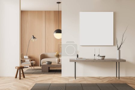 Foto de Interior de la sala de estar beige en el hotel, sillón y sofá, estante con decoración de arte, alfombra en el suelo de madera. Prepara un póster cuadrado en blanco. Renderizado 3D - Imagen libre de derechos