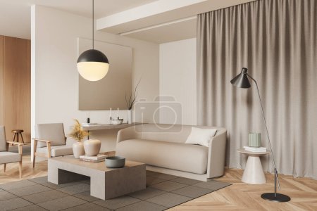 Photo for Corner view on bright living room interior with two armchairs, sofa, coffee table, book and crockery, white wall, carpet, candles, oak wooden hardwood floor. Concept of minimalist design. 3d rendering - Royalty Free Image