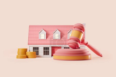 Photo for Home and stack of coins. Auction gavel on light pink background. Concept of bargain and sale. 3D rendering - Royalty Free Image