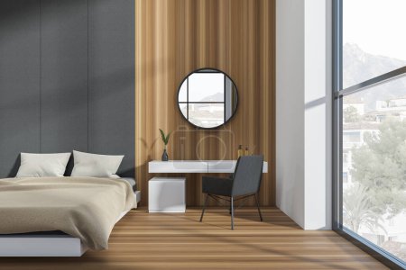 Photo for Wooden bedroom interior with bed and dressing table, front view, panoramic window on countryside. Armchair and decoration in hotel studio, hardwood floor. 3D rendering - Royalty Free Image