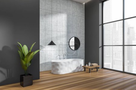 Photo for Dark bathroom interior with bathtub, table with accessories, side view, plant on hardwood floor. Hotel apartment with panoramic window on Singapore city view. 3D rendering - Royalty Free Image