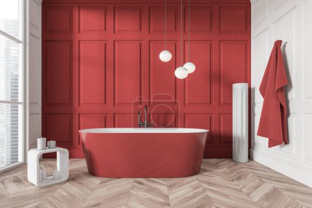 Téléchargez les photos : Red bathroom interior with tub and stand with accessories, front view, panoramic window on Singapore city view, hardwood floor. 3D rendering - en image libre de droit