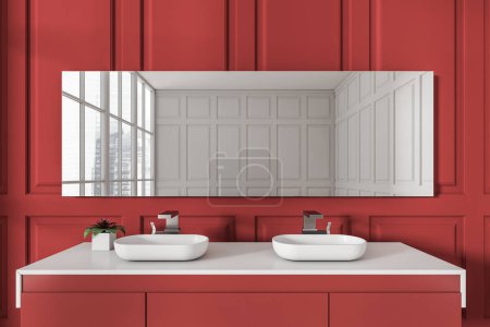 Photo for Red bathroom interior with double sink and mirror, white deck with accessories, window on Singapore city view. 3D rendering - Royalty Free Image