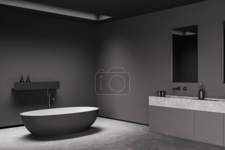 Téléchargez les photos : Intérieur salle de bain sombre avec baignoire et lavabo avec miroir, vue latérale, sol en béton gris. Salle de lavage de l'hôtel avec mur d'espace de copie maquette. rendu 3D - en image libre de droit