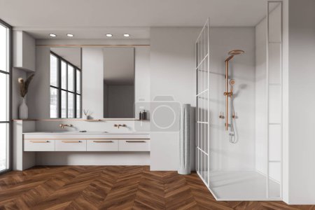 Téléchargez les photos : White bathroom interior with shower and partition, sink and mirror, hardwood floor. Hotel studio with washing space and window. 3D rendering - en image libre de droit