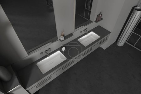 Photo for Top view of dark bathroom interior with double sink and two mirrors, black concrete floor. Stylish washbasin in modern hotel studio with decoration. 3D rendering - Royalty Free Image