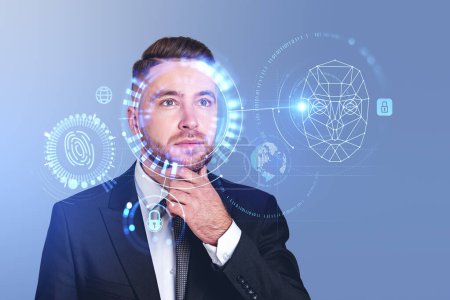 Photo for Pensive businessman portrait with hand on chin, digital biometric scanning hud hologram, face detection and recognition. Concept of machine learning and security - Royalty Free Image