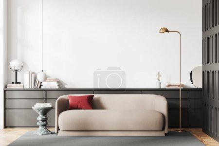 Foto de Salón interior blanco con sofá y cajón con decoración minimalista, alfombra en suelo de madera. Mockup copia espacio vacío de la pared. Renderizado 3D - Imagen libre de derechos