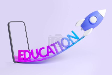 Téléchargez les photos : Smartphone mock up empty screen and rocket take off, purple background. Concept of online education and mobile app. 3D rendering - en image libre de droit