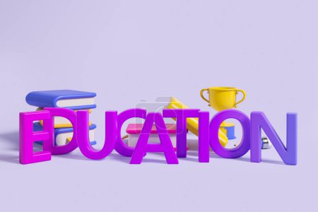 Photo for Education sign with books with champion cup on copy space purple background. Concept of achievement and school. 3D rendering - Royalty Free Image