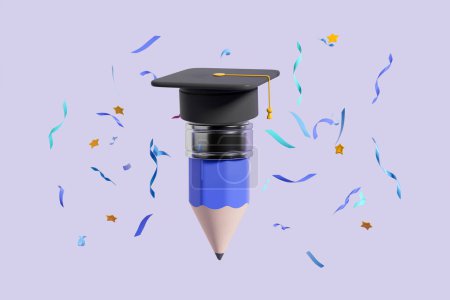 Foto de Graduation cap on big blue pencil with colorful falling confetti. Concept of education and celebration. 3D rendering - Imagen libre de derechos