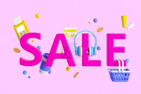Foto de Big sale and diverse supermarket icons with basket on pink background. Concept of sale, marketing and shopping. 3D rendering - Imagen libre de derechos