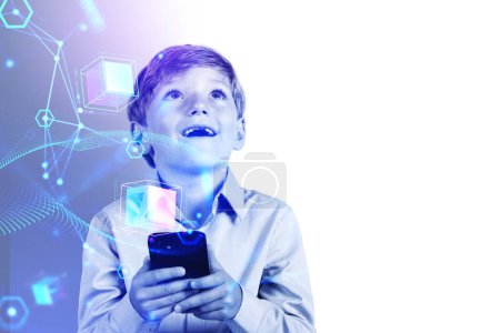 Téléchargez les photos : Smiling child boy silhouette looking up using phone. Double exposure hologram with metaverse and data blocks. Concept of blockchain and technology. Copy space - en image libre de droit