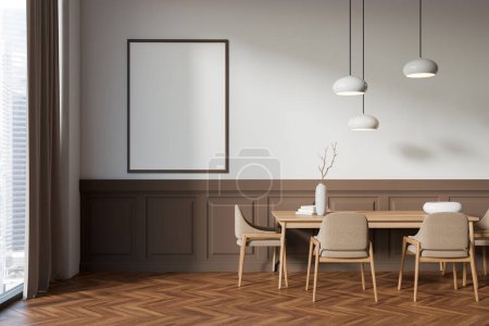 Téléchargez les photos : Front view on bright dining room interior with empty white poster, dining table, panoramic window, armchairs, hardwood floor. Concept of minimalist design. Place for meeting. Mock up. 3d rendering - en image libre de droit