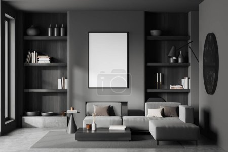 Photo for Dark living room interior with sofa, coffee table and shelf with decoration. Panoramic window and carpet on grey concrete floor. Mock up blank poster. 3D rendering - Royalty Free Image