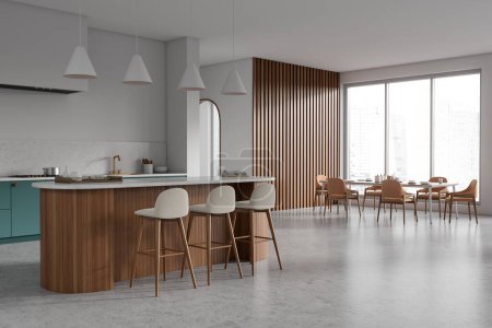 Photo for Corner view on bright kitchen room interior with dining table, island, barstools, armchairs, white wall, concrete floor, panoramic window, cooking inventory. Concept of minimalist design. 3d rendering - Royalty Free Image