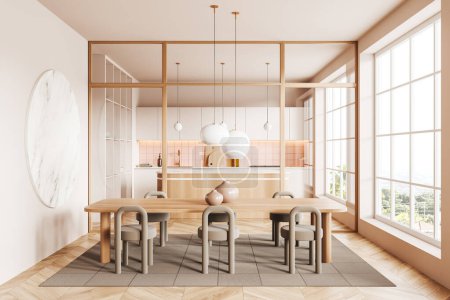 Téléchargez les photos : Beige kitchen interior with dinner table and chairs, carpet on hardwood floor. Cooking area with bar island behind glass doors. Panoramic window on tropics. 3D rendering - en image libre de droit