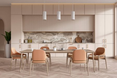 Foto de Front view on bright kitchen room interior with dining table with armchairs, cupboard, white wall, wooden floor, gas cooker, shelves with books, sink, desks. Concept of minimalist design. 3d rendering - Imagen libre de derechos