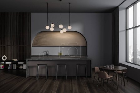 Photo for Front view on dark kitchen room interior with island, barstools, dining table, armchairs, panoramic window, grey wall, hardwood floor, sink, bookshelves. Concept of minimalist design. 3d rendering - Royalty Free Image
