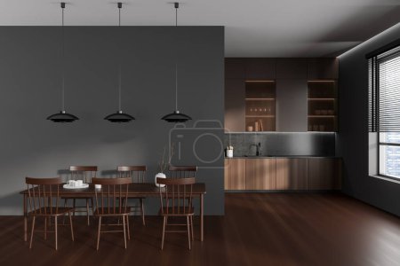 Photo for Front view on dark kitchen room interior with dining table, chairs, panoramic window, cupboard, grey wall, hardwood floor, sink, cooking inventory, shelves. Concept of minimalist design. 3d rendering - Royalty Free Image