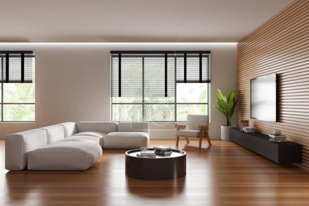 Foto de Modern living room interior with sofa and armchair, cozy tv zone and drawer with decoration. Panoramic window on tropics. 3D rendering - Imagen libre de derechos