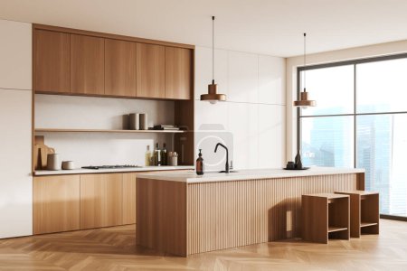 Photo for Corner view on bright kitchen room interior with island, barstools, white wall, wooden hardwood floor, gas cooker, panoramic window with countryside view. Concept of minimalist design. 3d rendering - Royalty Free Image