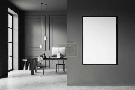 Photo for Dark business room interior with pc computer on desk, ceo workplace with panoramic window and grey concrete floor. Mockup canvas poster on grey partition. 3D rendering - Royalty Free Image