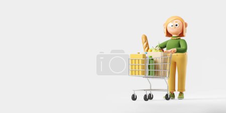 Téléchargez les photos : Cartoon woman standing with trolley, products in paper bag. Concept of online delivery and shopping. Copy space. 3D rendering - en image libre de droit
