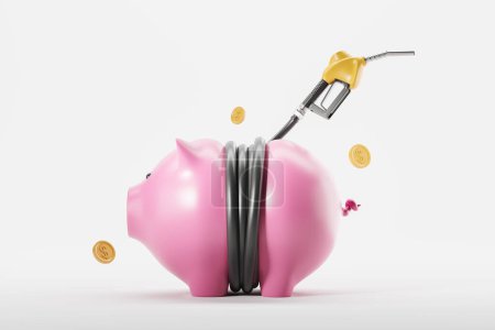 Foto de Piggy bank tied up with gas pump nozzle, falling gold coins on white background. Concept of fuel price and crisis. 3D rendering - Imagen libre de derechos