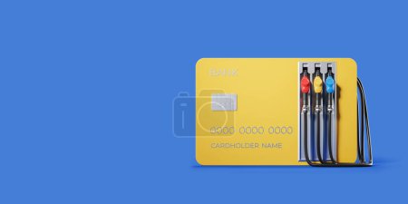 Téléchargez les photos : Carte bleue de crédit et pompes à essence sur fond beige vide. Concept de carburant et de paiement. rendu 3D - en image libre de droit