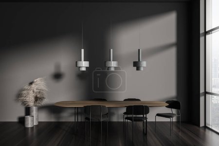 Photo for Front view on dark dining room interior with dining table, armchairs, grey wall, panoramic window, oak wooden floor. Concept of minimalist design. 3d rendering - Royalty Free Image