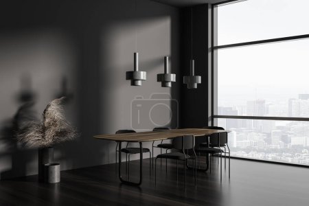Foto de Corner view on dark dining room interior with dining table, armchairs, grey wall, panoramic window, oak wooden floor. Concept of minimalist design. 3d rendering - Imagen libre de derechos
