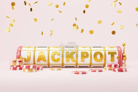 Photo for Casino slot machine with jackpot and falling gold coins on pink background. Concept of luck and win. 3D rendering - Royalty Free Image