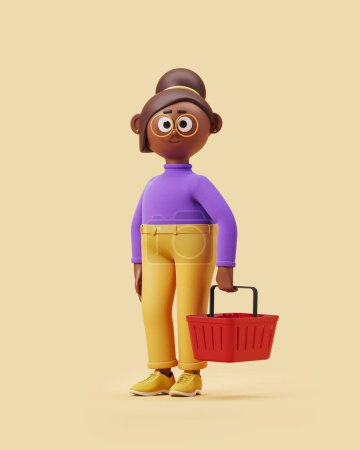 Téléchargez les photos : Black cartoon woman with a red shopping basket on beige background. Concept of supermarket and buyer. 3D rendering - en image libre de droit