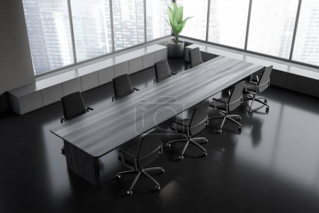Photo for Top view of dark conference interior with armchairs and black wooden board. Meeting corner with sideboard and panoramic window on skyscrapers. 3D rendering - Royalty Free Image