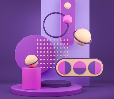 Foto de Coloridas figuras geométricas diversas sobre fondo púrpura. Formas abstractas, grupos de esferas y podio. Concepto de diseño moderno y minimalismo. Renderizado 3D - Imagen libre de derechos