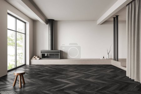 Téléchargez les photos : Studio intérieur sombre avec sol en béton gris, vue de face, appartement vide à aire ouverte avec cheminée et tabouret. rendu 3D - en image libre de droit