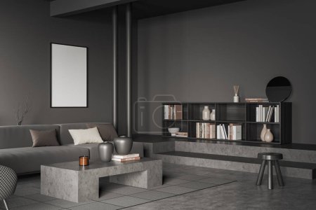 Photo for Dark grey living room interior in apartment, sofa and coffee table, bookshelf, carpet on dark grey concrete floor. Mock up blank poster. 3D rendering - Royalty Free Image