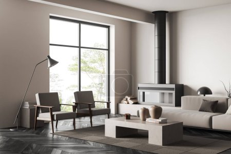 Photo for Dark living room interior in apartment, two armchairs, sofa and coffee table, fireplace, carpet on dark grey concretemfloor. 3D rendering - Royalty Free Image