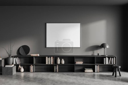 Téléchargez les photos : Dark living room interior with wooden drawer and art decoration, front view, stool and stand on grey concrete floor. Mock up poster. 3D rendering - en image libre de droit