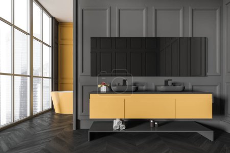 Photo for Dark bathroom interior with double sink and mirror, front view, black hardwood floor. Yellow bathtub near panoramic window on Singapore city view. 3D rendering - Royalty Free Image