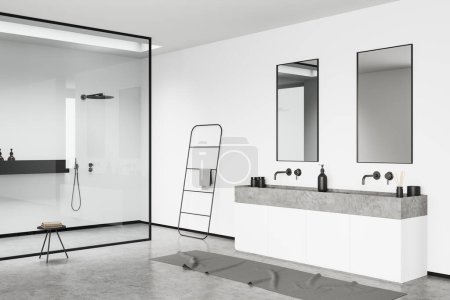 Téléchargez les photos : White bathroom interior with sink, shower behind glass partition, grey concrete floor. Towel rail ladder in modern hotel studio, side view. 3D rendering - en image libre de droit
