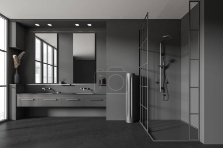 Téléchargez les photos : Dark bathroom interior with shower, sink and mirror, black concrete floor. Stylish washing space in modern hotel apartment with window. 3D rendering - en image libre de droit