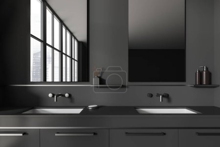 Téléchargez les photos : Dark bathroom interior with double sink and panoramic window on Singapore city view. Washing space in hotel studio with decoration. 3D rendering - en image libre de droit
