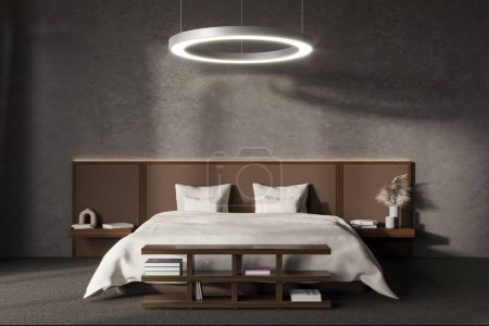 Téléchargez les photos : Modern bedroom room interior in hotel studio, bed and nightstand, Concrete wall. Pendant lamp and bookshelf. 3D rendering - en image libre de droit