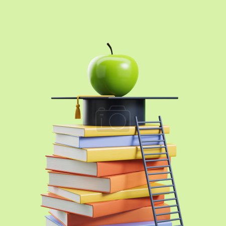 Photo for Pile of books, graduation cap and ladder on light green background. Concept of studies and university education. 3D rendering - Royalty Free Image