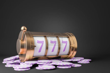 Photo for Casino jackpot black background. Golden slot machine with pile of purple chips. Concept of win and luck. Copy space. 3D rendering - Royalty Free Image