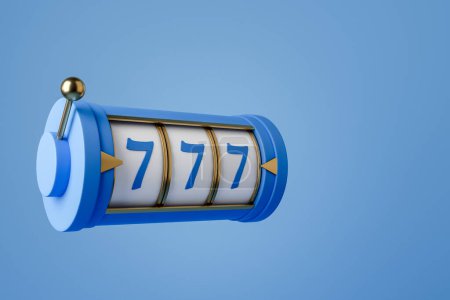 Photo for Casino 777 jackpot on light blue background. Golden handle and minimalist slot machine, side view. Concept of big win and success. 3D rendering - Royalty Free Image