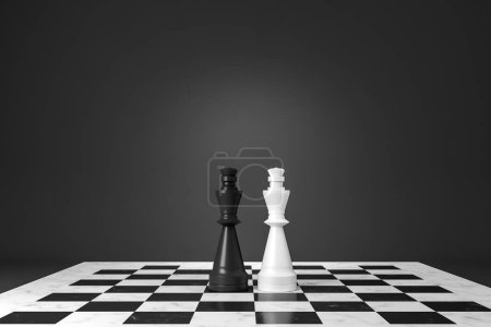 Téléchargez les photos : White and black chess board with figures, online match and dark background. Concept of sports and cyber games. Copy space. 3D rendering - en image libre de droit