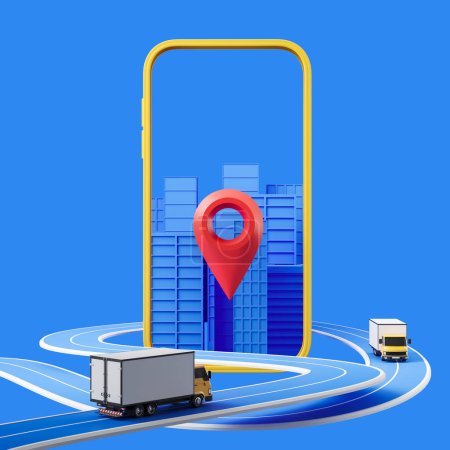Mobile app for tracking, phone and delivery van moving in big city with geotag on blue background. Concept of shipping service. 3D rendering